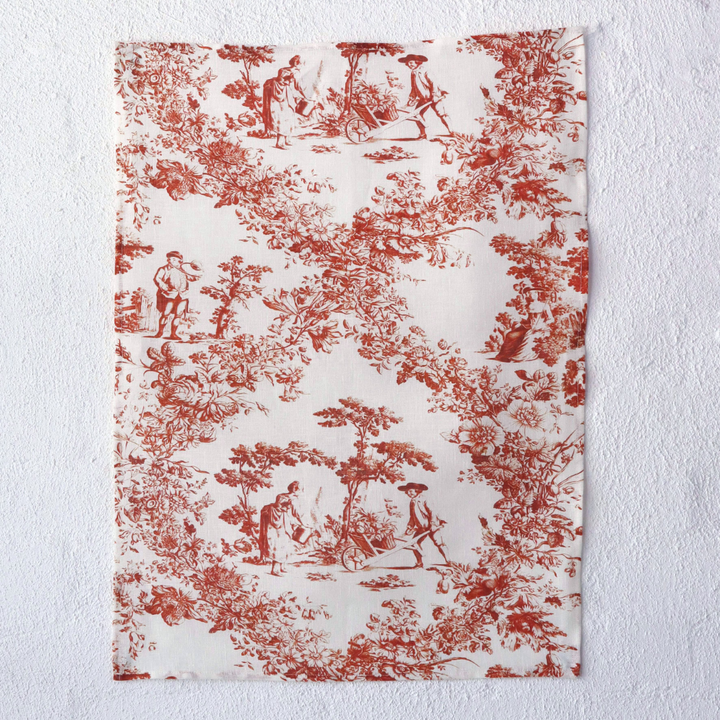 Red Toile de Jouy Pure Linen Tea Towels