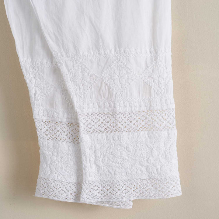 Clontarf White Cotton Embroidered Pants