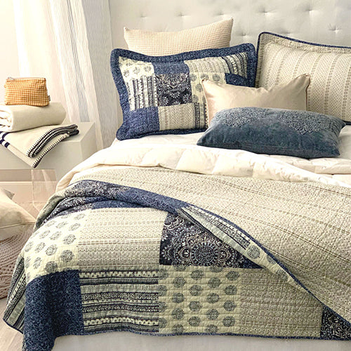 Indigo block quilted coverlet