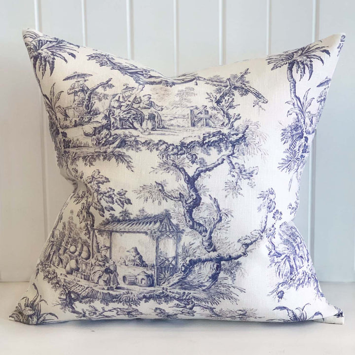 Chinoiserie blue Linen Cushion Cover