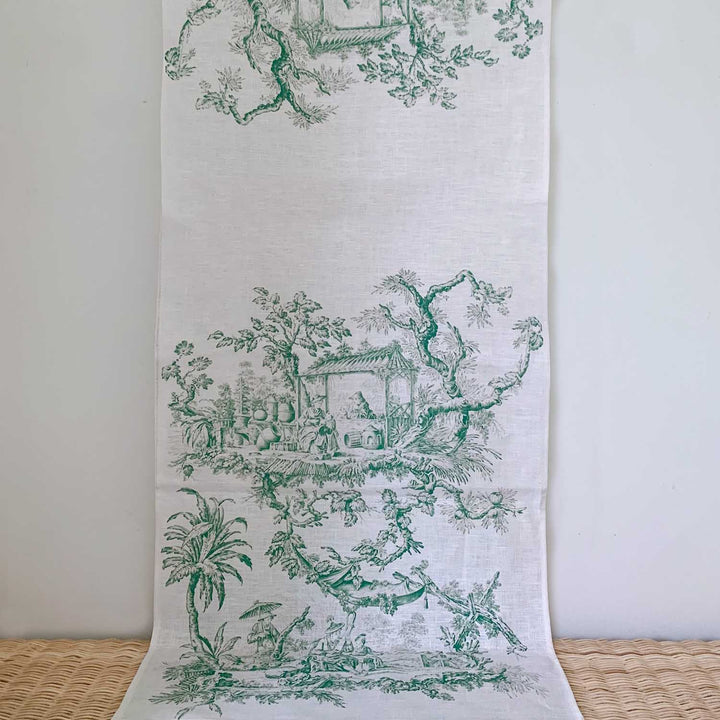 Green chinoiserie Linen Table Runner