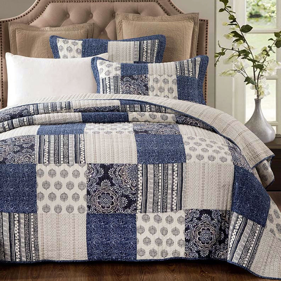 Indigo block quilted coverlet