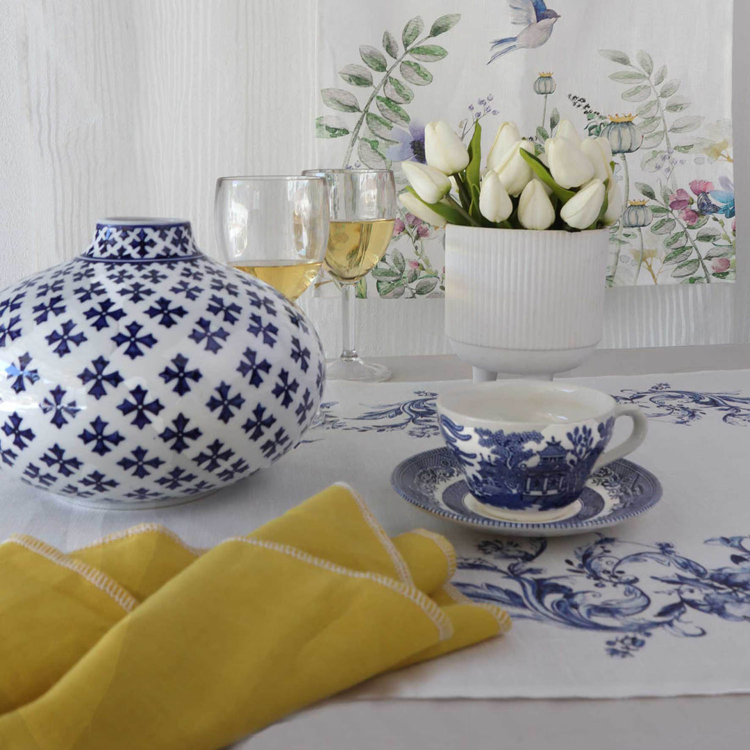 Blue Toile Linen Table Runner