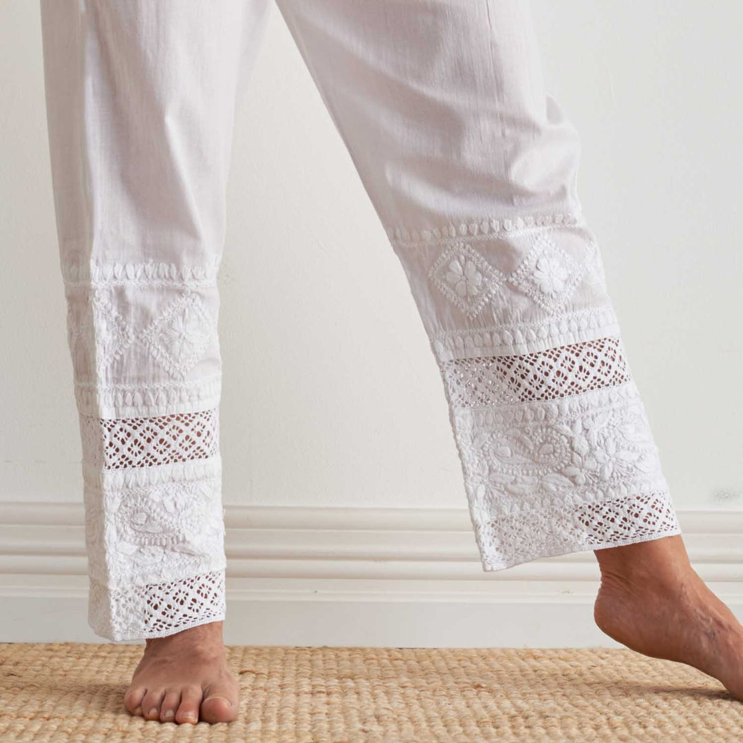 Clontarf White Cotton Embroidered Pants